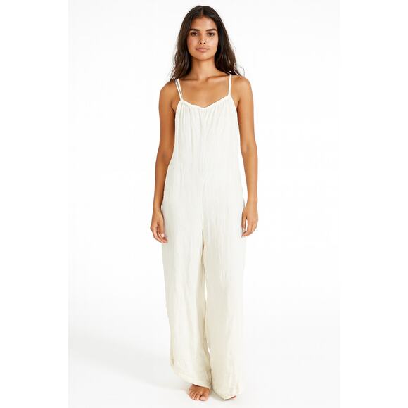 Zara Linen Wide Leg Jumpsuit Sleeveless Ruffle Trim Square Neck Cream Medium - Picture 1 of 9